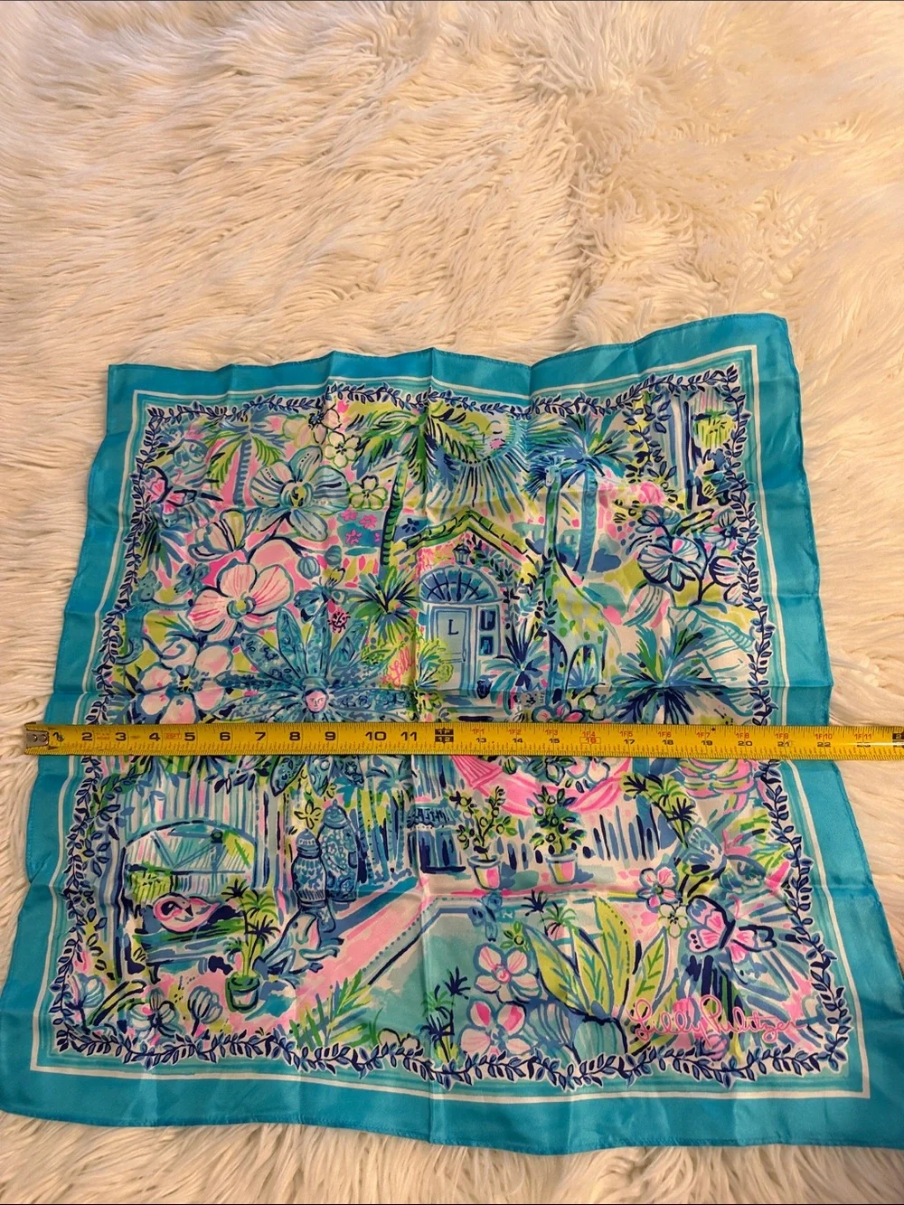 Lilly Pulitzer Tropical Floral Silk-Feel Scarf in Turquoise and Pink 100% silk